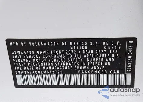 2019 Volkswagen Golf Sportwagen 1.4T S/1.4T Se z USA, uszkodzony, nr VIN 3VWY57AU8KM512729